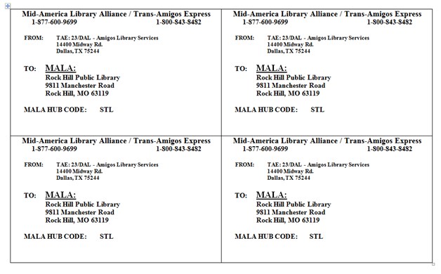 Mid-America Library Alliance/Trans-Amigos Express labels